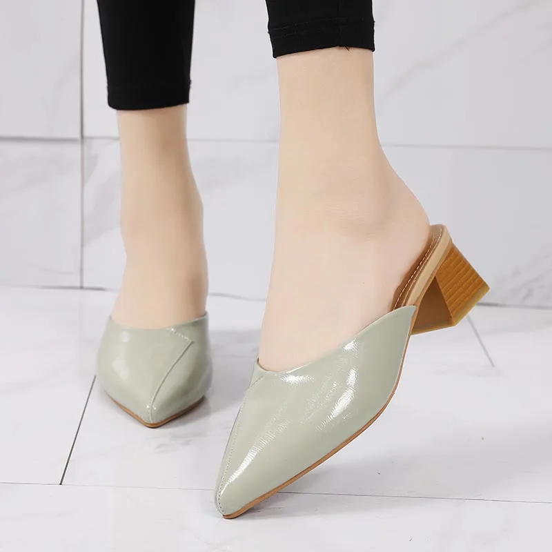 

Med Square heel Cover Toe Female Shoes Ladies' Slippers Luxury Slides Block 2021 Designer Fabric PU Hoof Heels Basic Rome