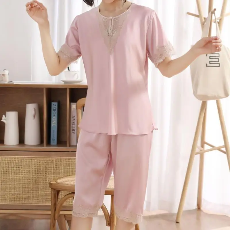 

Satin Pajamas Set Women Sleepwear Lounge Wear Lace Patchwork Nightwear Soft Intimate Lingerie Loose Home Clothes Pyjamas