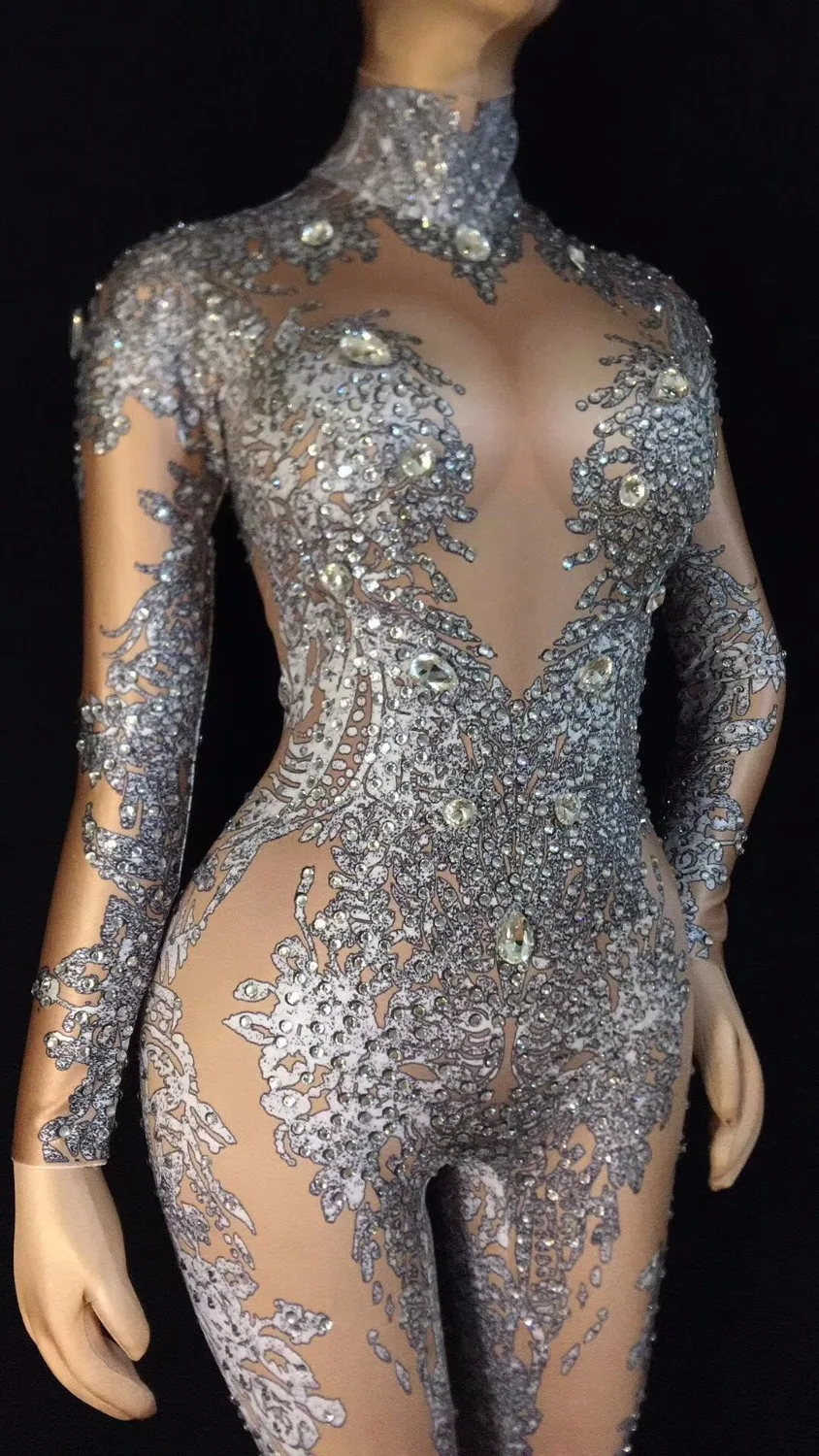 Комбинезон женский голографический с имитацией мяса пикантный прозрачный белый