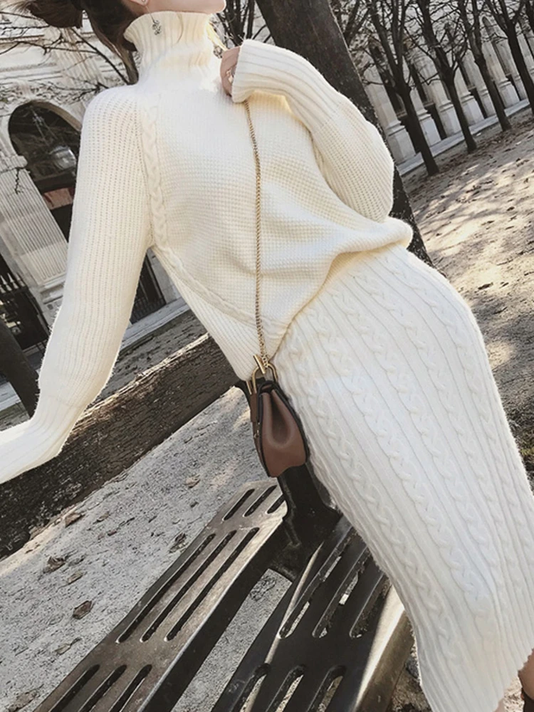 

High quality Knitted 2 Piece Set Women Long Sleeve Turtleneck Pullover Sweater+Split Pencil Skirt Set Runway Knitting Skirt Suit