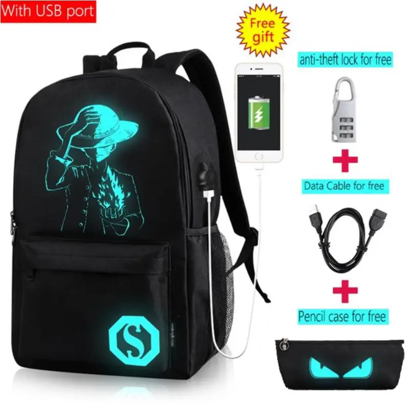 Повседневное персональное Mochila Аниме Мультфильм светящийся студенческий Противоугонный рюкзак для мужчин USB для зарядки Mochila luminosa Mochila Antirrobo - Цвет: Pirate King with USB