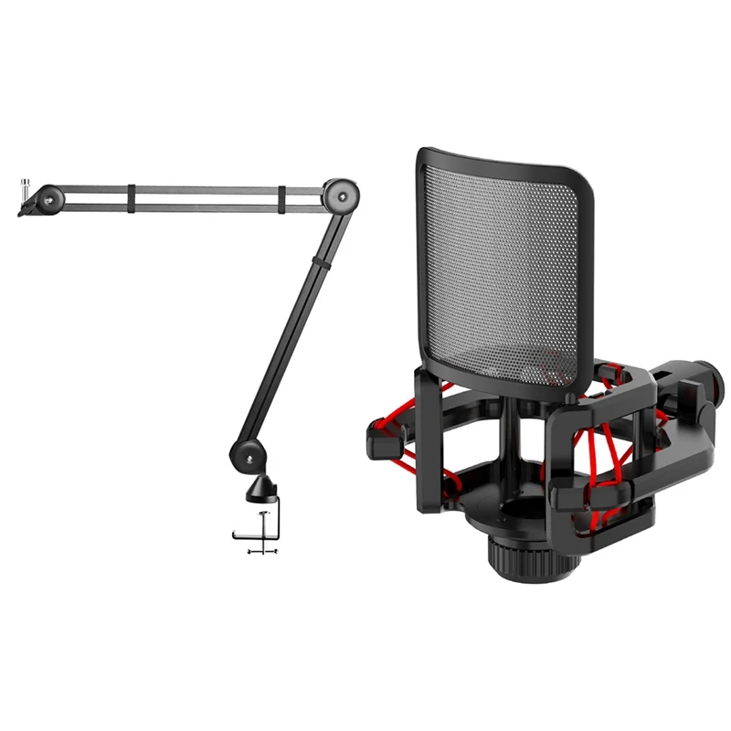 Microphone Shock Mount With Microphone Filter Windscreen & Microphone Stand Adjustable Suspension Boom Scissor Arm Stand