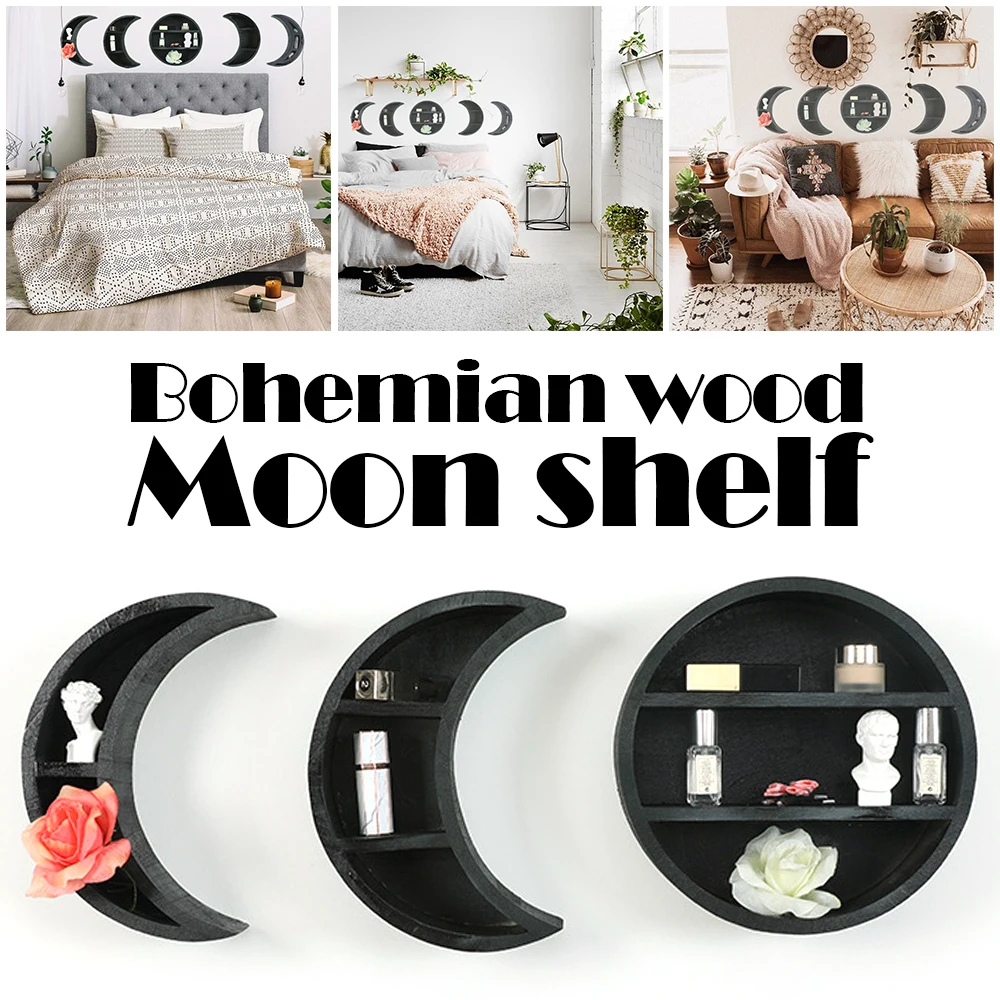 

1 small black moon shelving Bohemian wooden moon phase shelving eclipse moon wall hanging storage box decorative shelf