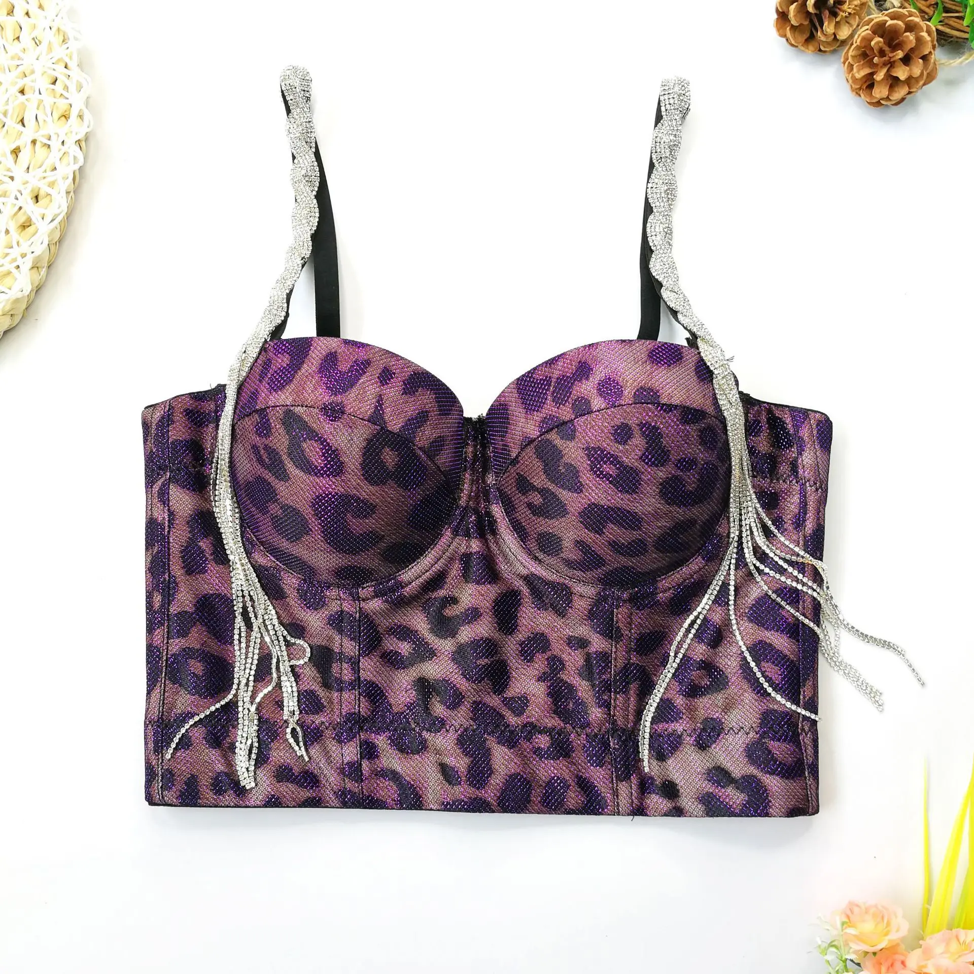

2023 New Women Diamond Tassels Camisole Leopard Print Crop Top Push up Gathered Bra Underwear Party Sexy Backless Tank Tops