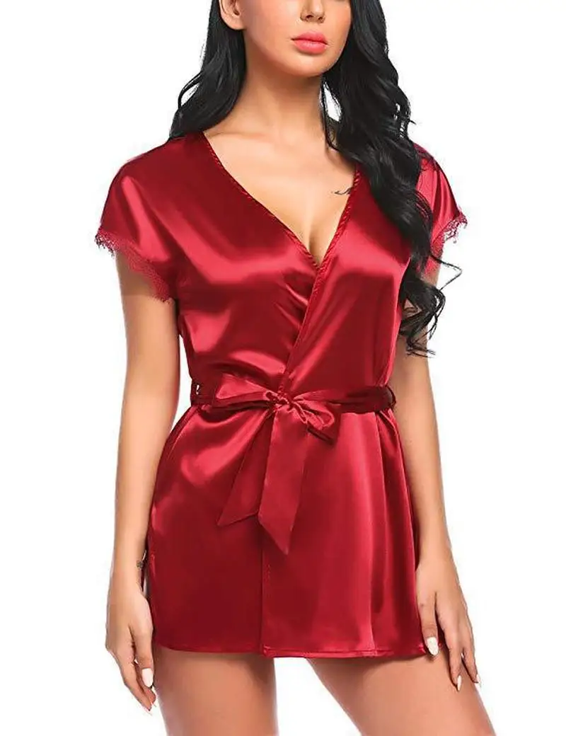 Womens Nightgown Sleepwear Sexy Lingerie Sleep Wear G-string Babydoll Lady Satin Lace Nightdres Mini Solid V Neck Bow | Тематическая