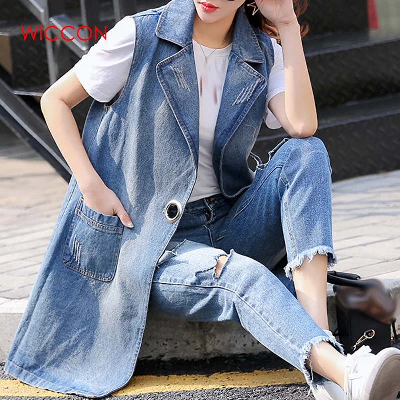 Женская джинсовая куртка длинный ковбойский жилет с воротником весна осень