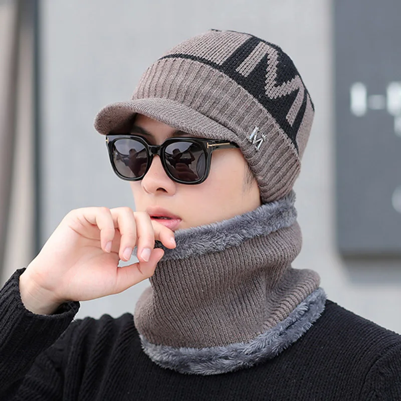 Мужская трикотажная шапка с воротником вязаная флисовая утолщенная комплект ASD88