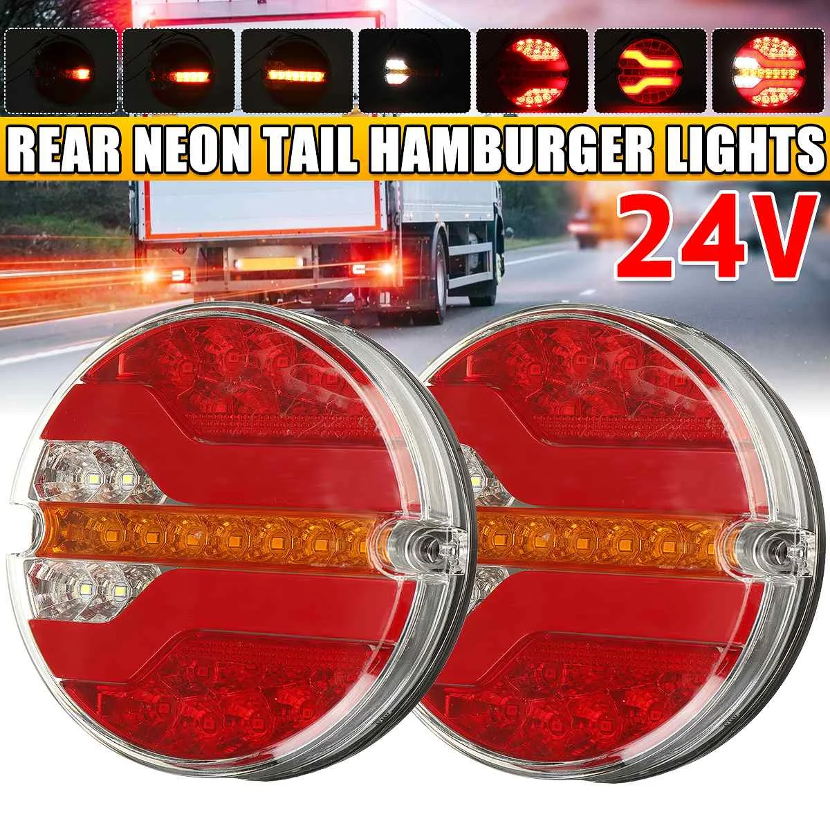 

2Pcs 24V Amber Round LED Trailer Light with Brake Light DRL Flow Amber Turn Signal for Car Truck Ships Bus Van