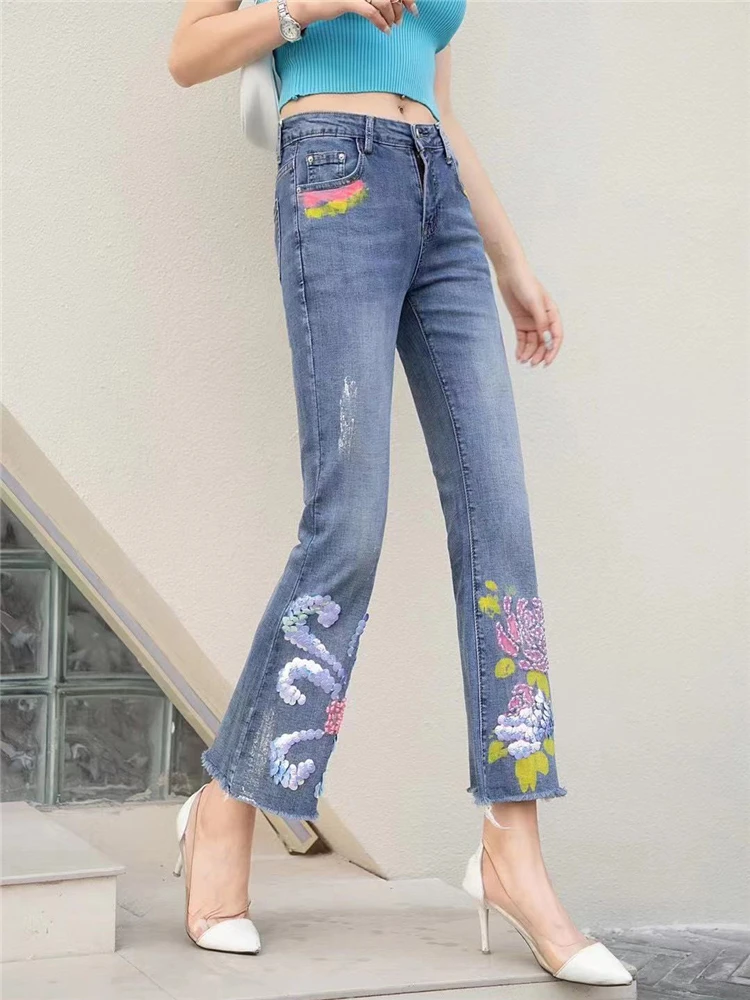 

High-quality straight-leg flared jeans women's 2021 new style sequins high-waisted painted loose wide-legs fringed trousers thin