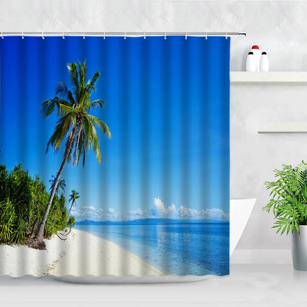 

Palm Trees Ocean Landscape Shower Curtain Beach Wooden Bridge Sea Waves Hawaii Scenery Wall Cloth Waterproof Bathroom Curtains