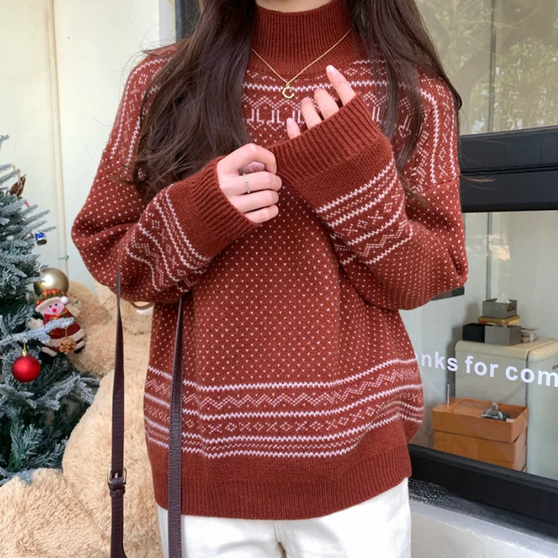 

2021 Autumn Winter New Korean Fashion Retro All-match Half-high Collar Christmas Print Design Loose Casual Knit Pullover Sweater