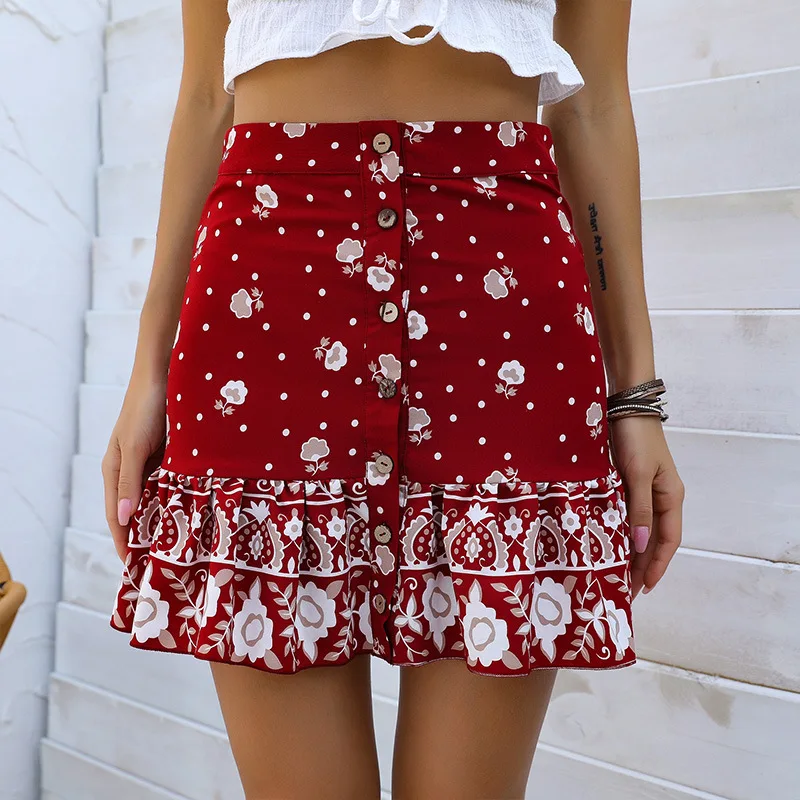 

Summer Women's Fashion Design Button Decoration Short Skirt Red Lotus Leaf Pattern Printing A-Line Skirt for Women