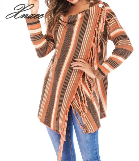 

Xnxee Women Tassel Knitted Sweater Poncho Casual Stripe Irregular Loose Cardigan Cape Coat Tops Autumn Winter