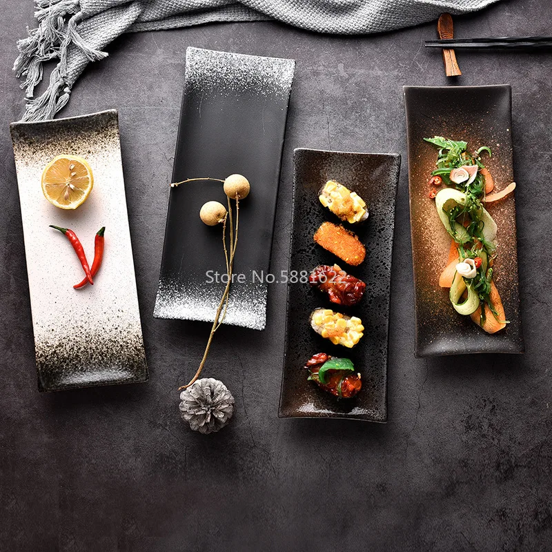 

Japanese Ceramic Sushi Rectangular Plate Household Retro Creative Dim Sum Plate Dish Plate Japanese Food Snack Plate