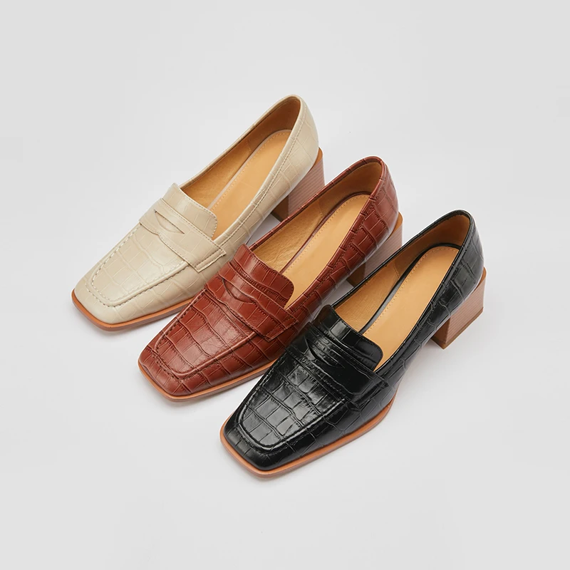 

2021 Newest Square Toe Women's Shoes Classic Design Genuine Leather Thick Heels Shoes Woman Party Casual Women Pumps