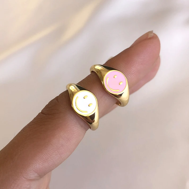 YUXINTOME 24k Gold-Plated Silver Gold Smile Enamel Thick Ring Size Luxury Spring Fine Jewelry White Black Pink Smiley Women Gift