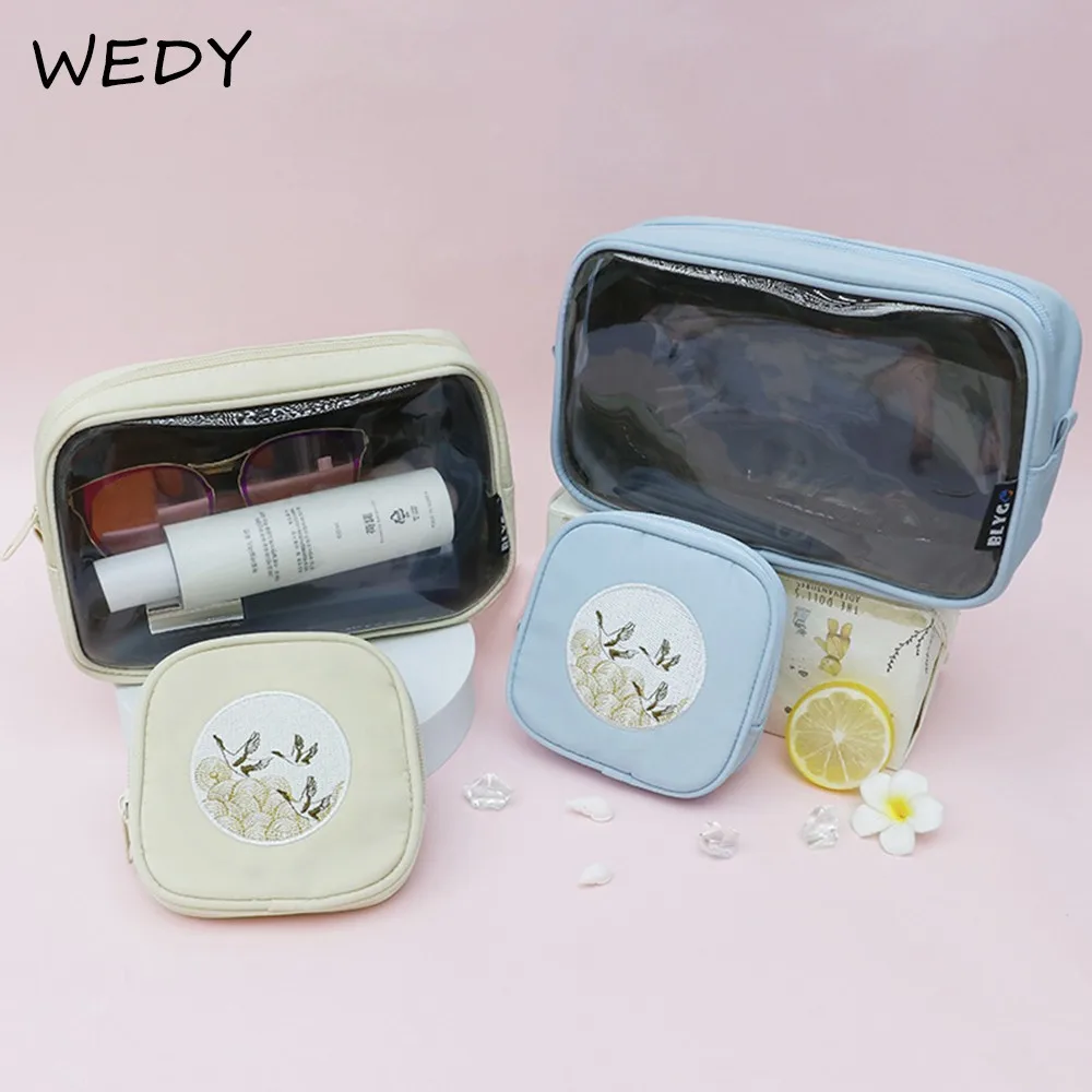 

Transparent Two-piece Cosmetic Bag Waterproof Travel Toiletry Bag Nylon Stitching Makeup Bags Organizer Pure Color Beauty Case