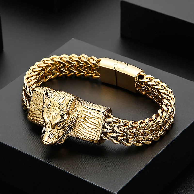 

Double Chain Charm Bracelets For Men Tri-Color Stainless Steel Hiphop Boy Bangles Male Animal Wolf Pulsera Jewelry Accessories