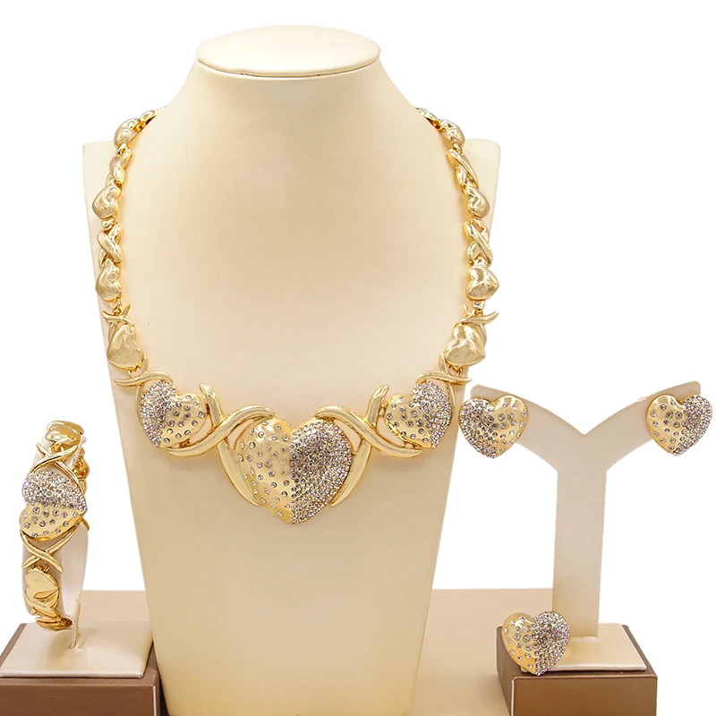 

Gold Jewelry Necklace Set Dubai Wedding Bride Plated Women Fashion Nigerian XOXO Heart Crystal Bracelets And Earrings Ring