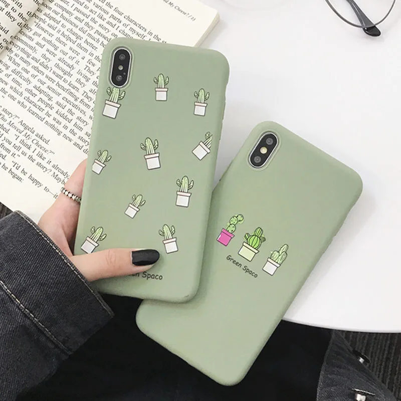 Leaf Print Phone Case for iPhone X 6 6s 7 8 Plus XR XS Max Cute Green Cactus Plants Potted Cartoon Soft TPU Rubber Silicon |