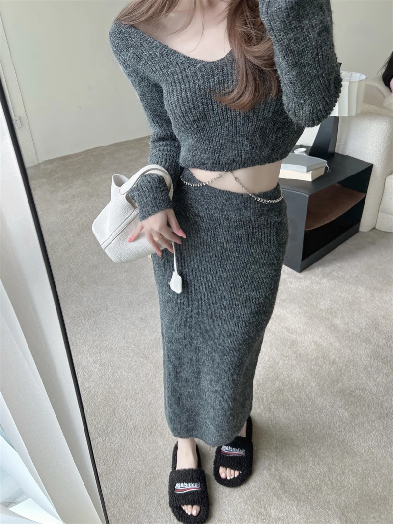 

Женский комплект из 2 предметов, повседневный трикотажный свитер с V-образным вырезом и юбка миди, осень 2021