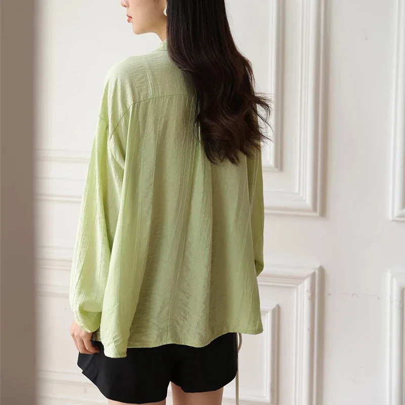 

Green Shirt Women 2021 Early Spring Drape Single-Breasted Loose Casual Black Texture Shirt Female Plus Size Streetwear