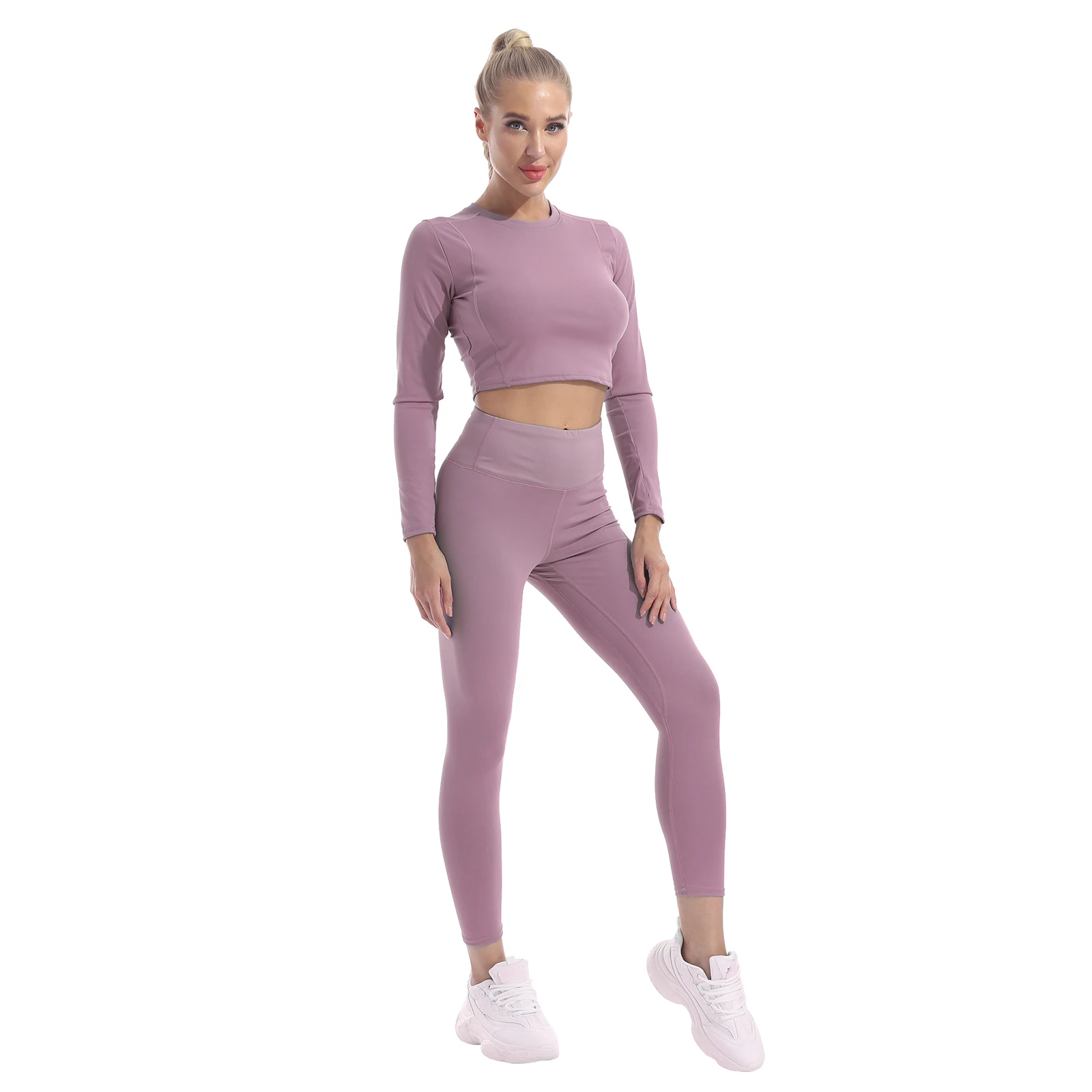 

Женские Бесшовные комплекты для йоги, спортивные костюмы для тренажерного зала, фитнеса, одежда для тренировок, укороченный Топ с длинным р...