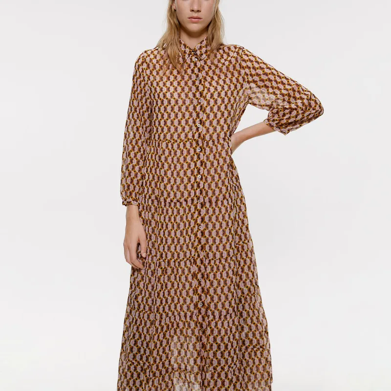 Женское винтажное платье рубашка размера плюс шифоновое с длинным рукавом осень