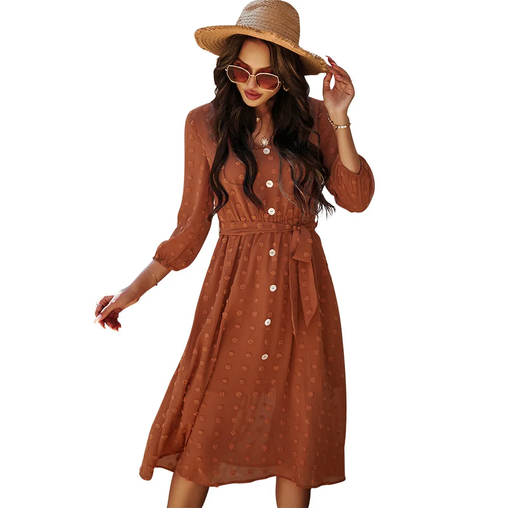 

Women's Clothing 2021 Spring Popular Long Sleeve Chiffon Mid Long Skirt Round Neck High Waist Temperament Solid Color Commuter