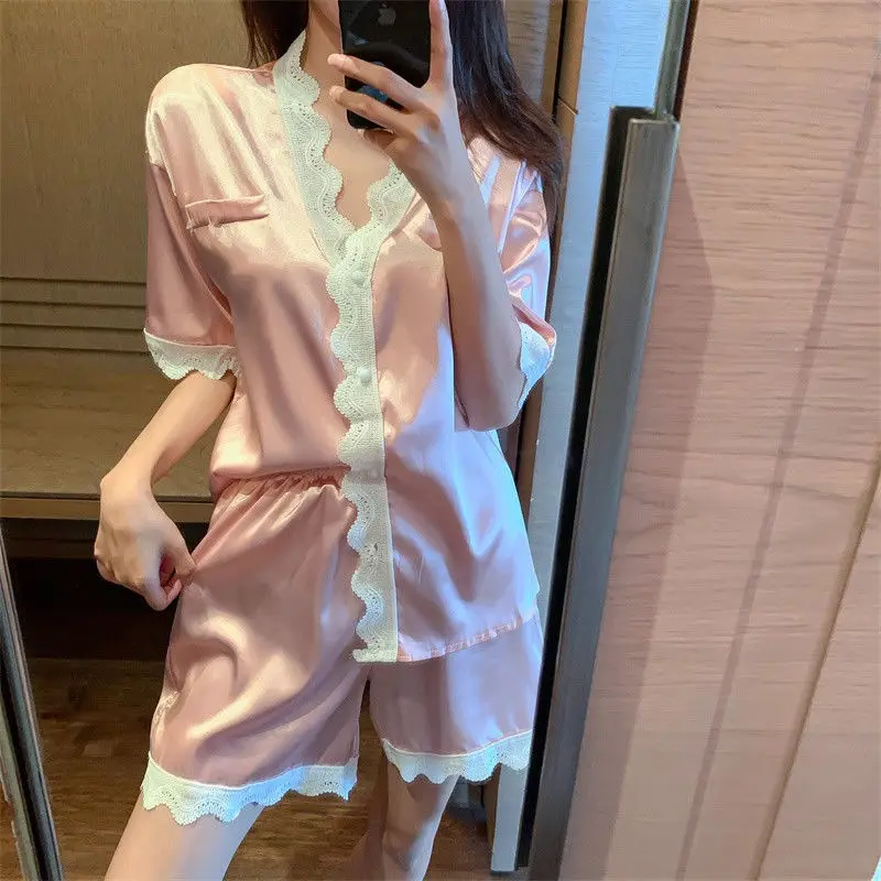 

Satin 2PCS PJS Suit Women Lace Pajama Set Sleepwear Summer Loungewear Nightwear Button-Down Intimate Lingerie Comfy Home Wear