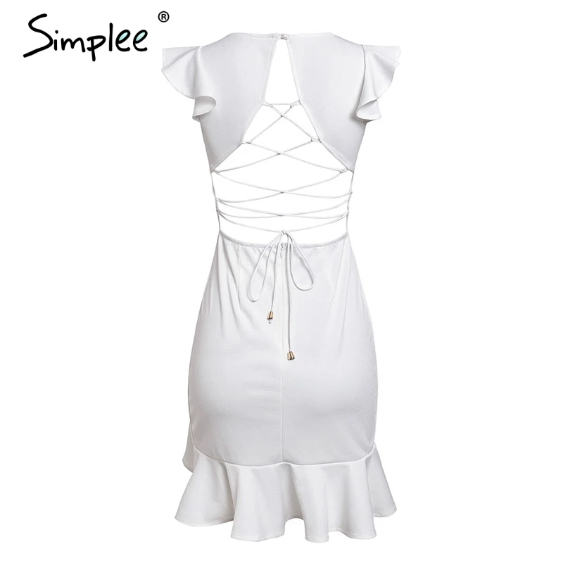 Летнее женское облегающее платье Simplee с оборками винтажное короткое белое по