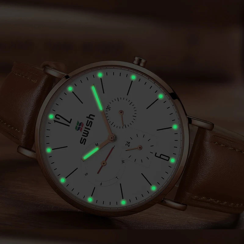 Мужские наручные часы SWISH мужские с хронографом роскошные кожаные