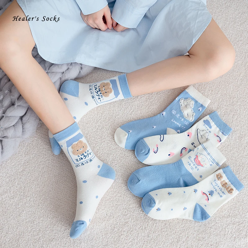 

New Kawaii Cartoon Bear Japanese Men and Women Socks Cotton Harajuku Blue Funny Casual Fashion Cute Soft Happy Girls Sockings