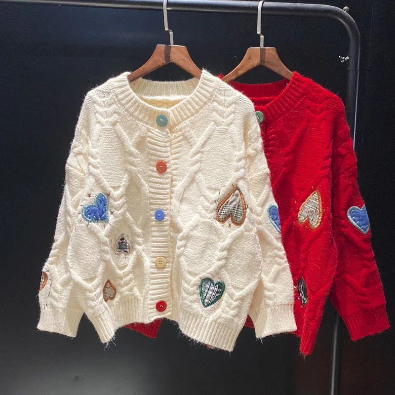 

Женский вязаный кардиган свободного покроя, трикотажный свитер в уличном стиле с принтом сердечек и круглым вырезом, Осень-зима 2021