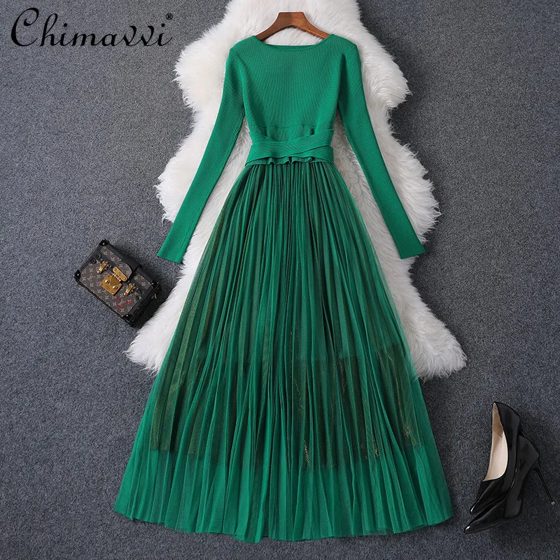 

2021 Autumn Women's Clothing New Fashion Long Sleeve Knitted Stitching Mesh Dress for Women Slim Fit Graceful Pleated Dress