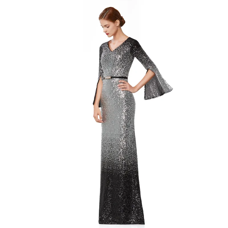 Сексуальные вечерние платья с v образным вырезом и длинным рукавом 2019 элегантные