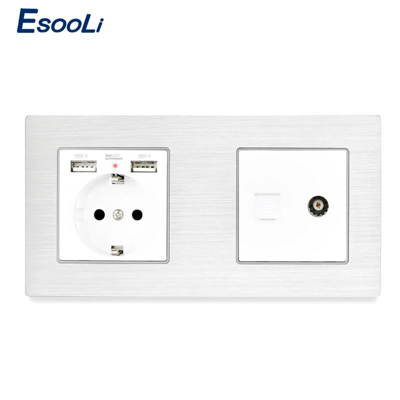 Разъем Esooli с алюминиевой металлической панелью европейского стандарта USB + 1