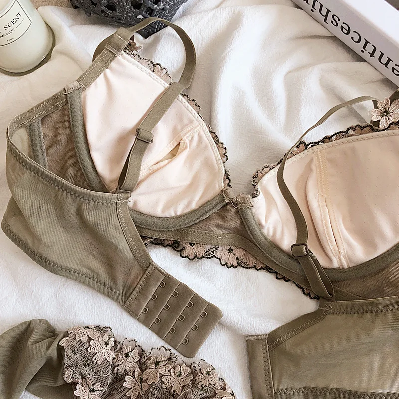 

thin bras with pad and panties transparent cotton bra sexy bra set female perspective mesh embroidery underwear sets summer