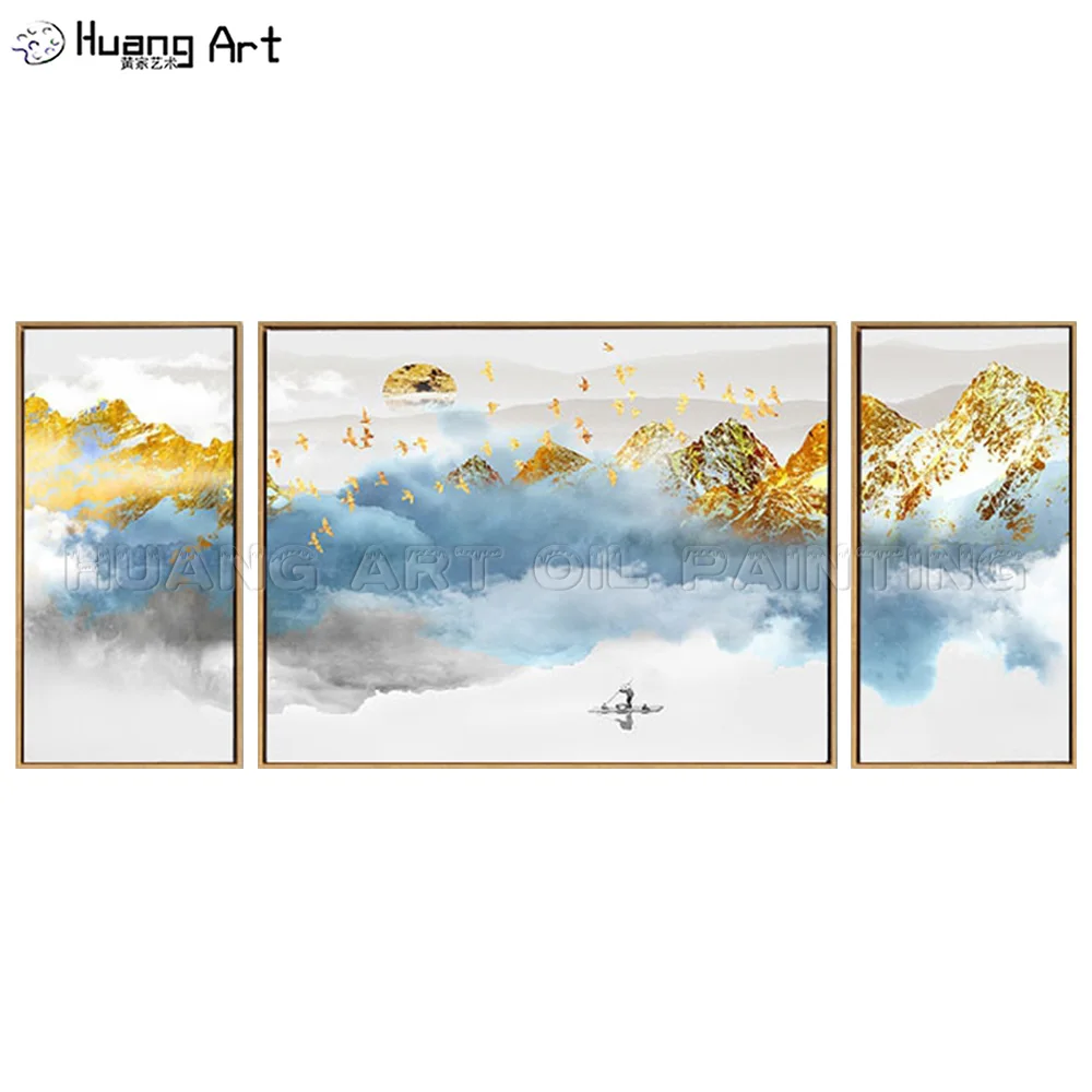 Pop Art Rich Scenery 100% Hand-Painted Chinese Ink Painting on Canvas Blue Sea of Clouds and Golden Mountain Landscape | Дом и сад