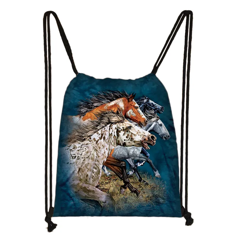 SKD-M002 elegent animal horse print drawstring bag women men storage bag fashion rucksack cute pony boys girls backpack kids bookbag gift - Цвет: SKD-M002