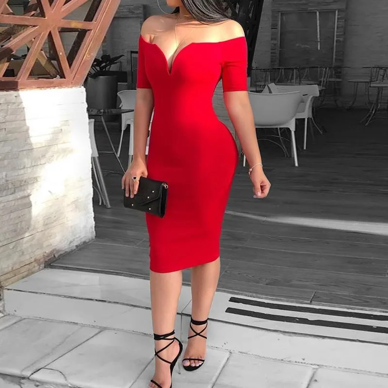 Сексуальное облегающее платье с открытыми плечами женское офисное однотонное