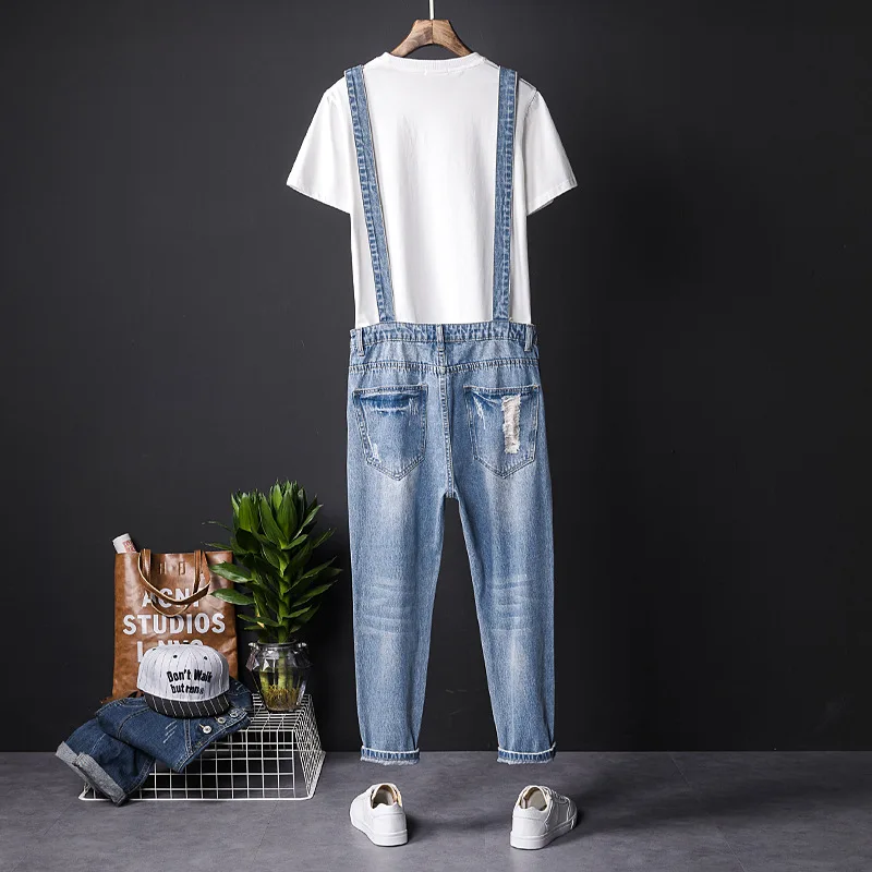 Fahsion Man Ripped Jeans Bib Overalls Ankle Length Hip Hop Hole Denim Jumpsuits Homme Trousers Leisure Freight Pants