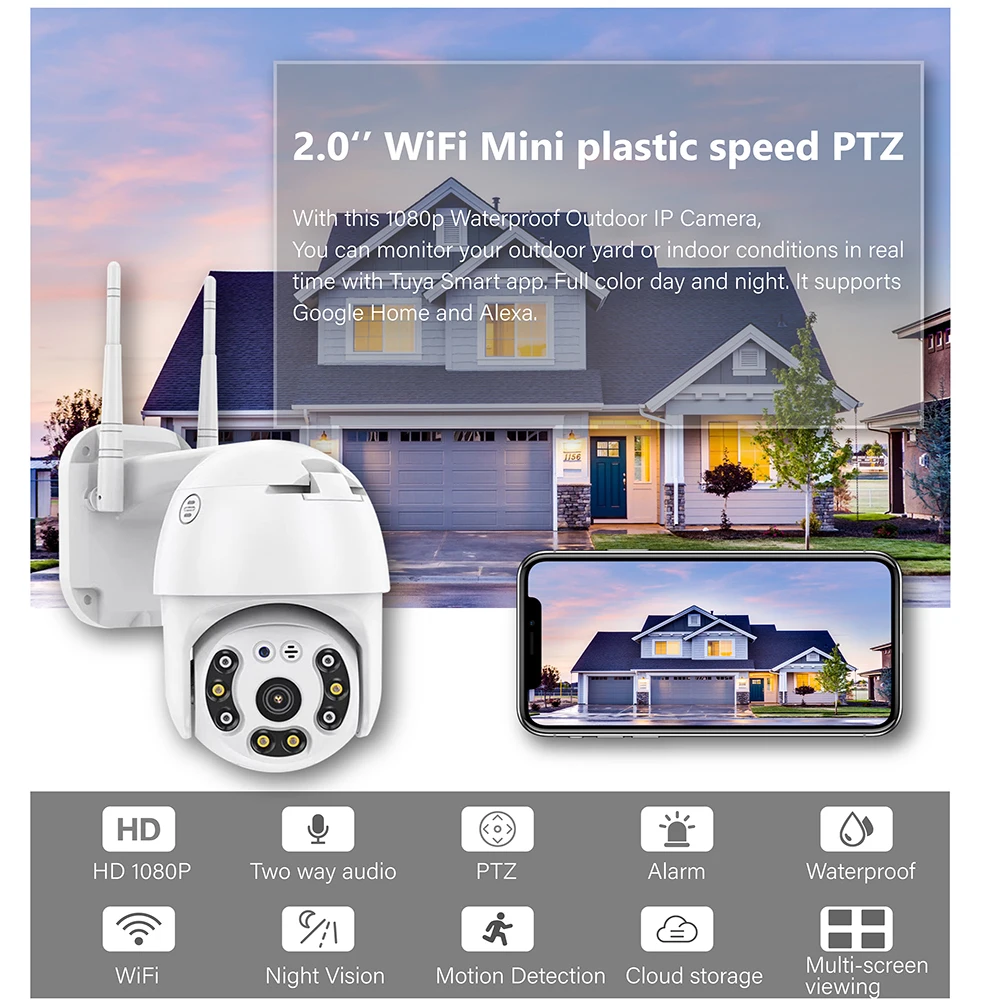 1080P Tuya WI-FI IP PTZ Камера открытый 4X цифровой зум ночное полный Цвет IP65