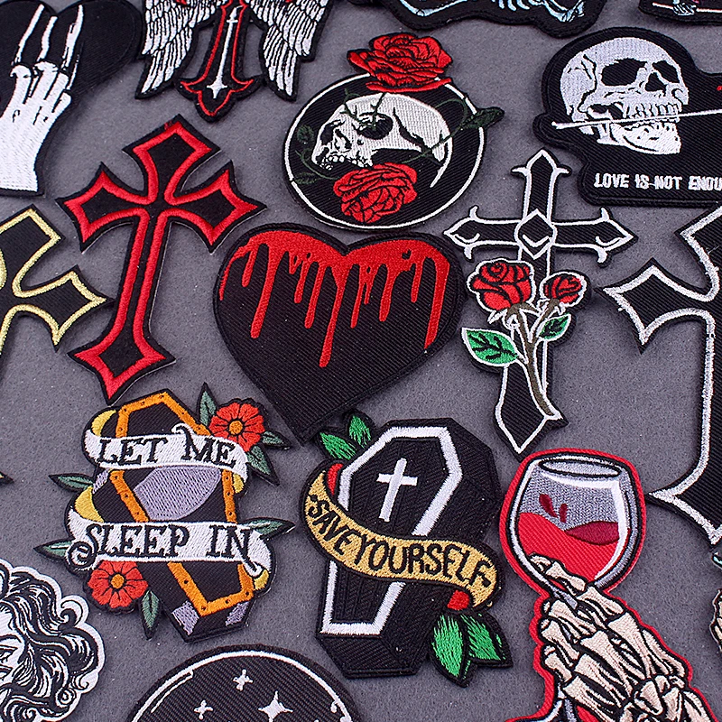 

Gothic Clothing Thermoadhesive Patches For Clothes Stripes DIY Skull Iron On Patches On Clothes Cross Badges Applique Accessory