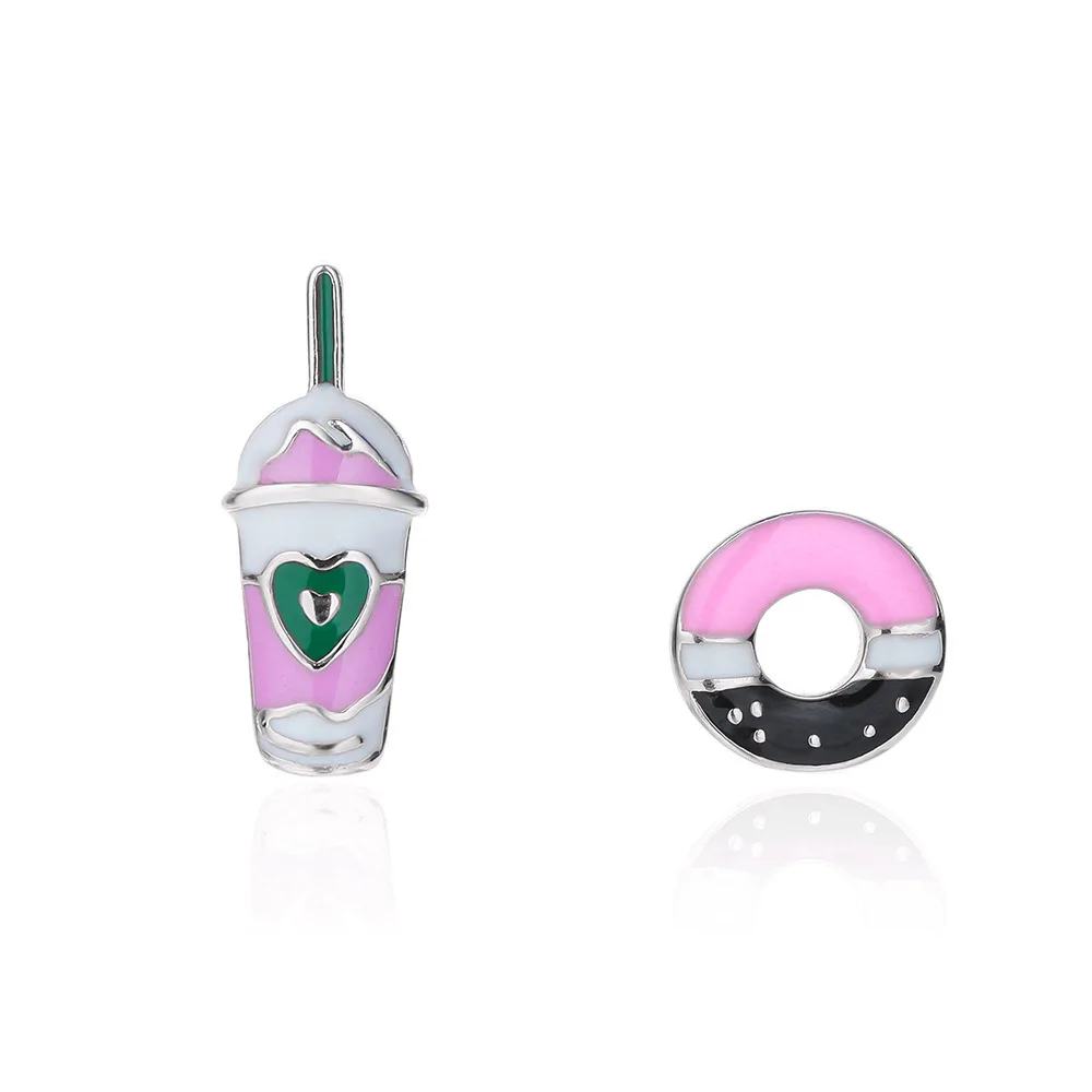 

S925 Sterling Silver Creative Design Epoxy Donut Earrings Asymmetric Pair Earrings Fashion Fresh and Cute Earrings for Women