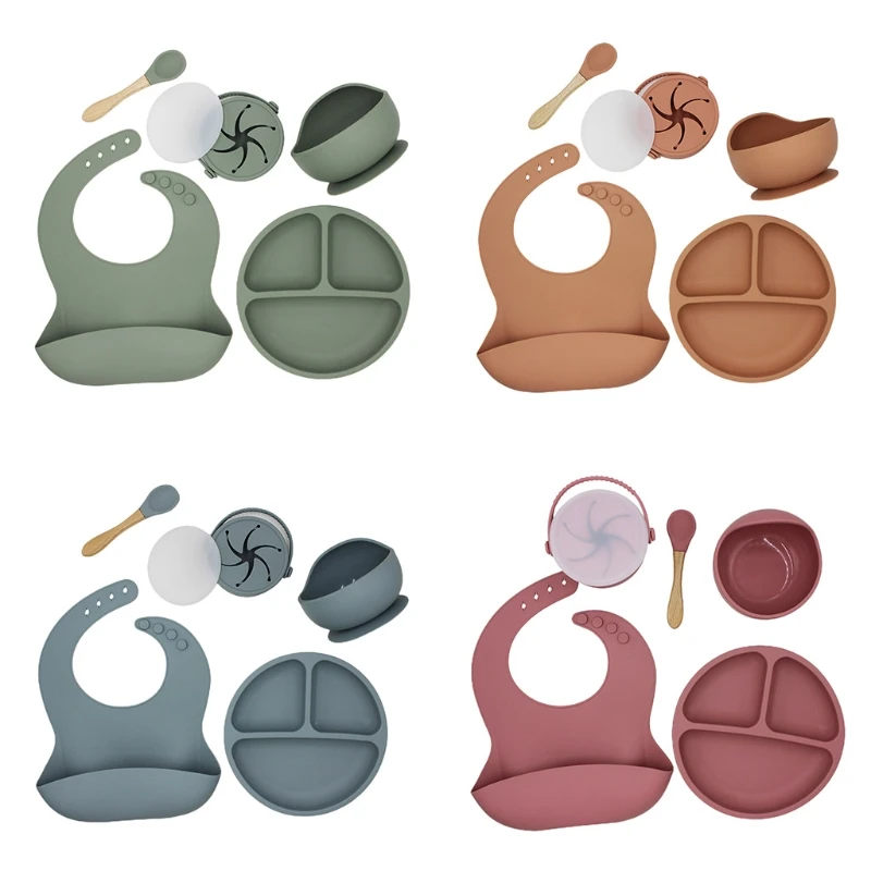 

5 Pcs Baby Bibs Drooling Burp Aprons+Suction Dish Bowl+Sucker Dinner Plate+Spoon+Cup Set Waterproof Food Grade Silicone Newborn