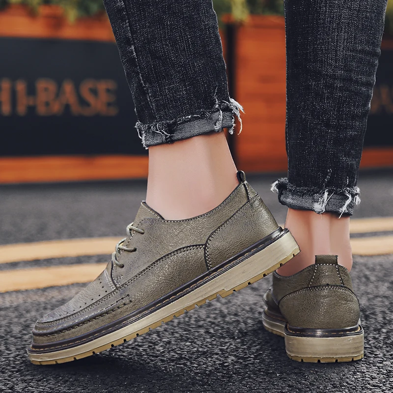 Мужская обувь с круглым носком Кожаные уличные мужские деловые оксфорды на