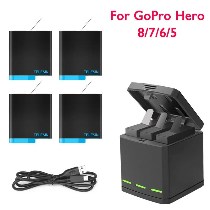 

Оригинальный TELESIN для GoPro Hero 8 hero 7 6 5 Hero 8, черный аккумулятор или тройное зарядное устройство для камеры Go Pro Hero 8, аккумулятор с полным декодир...
