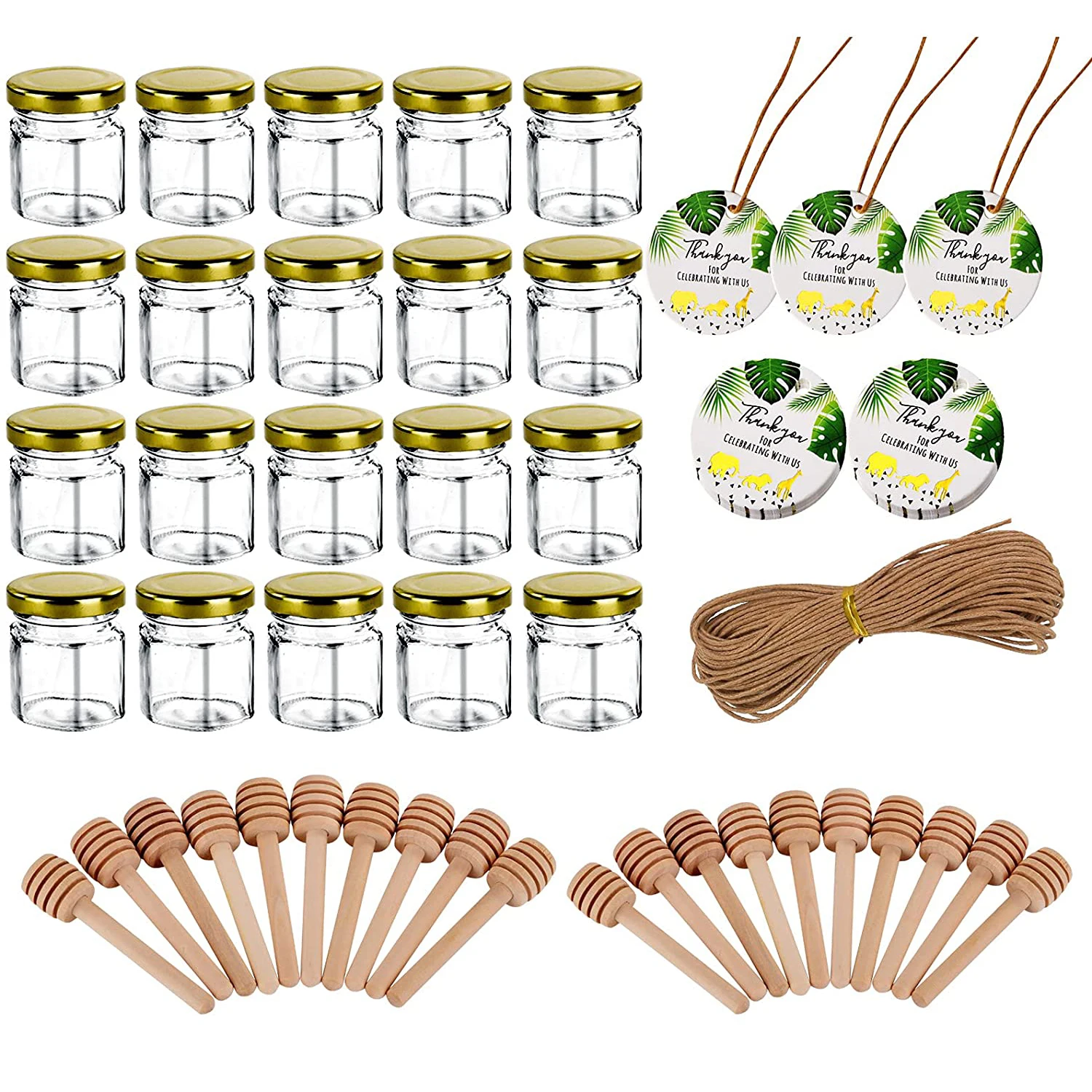 Glass Honey Jar with Gold Lid Wood Dipper Thank-You Tag. Gifts for Baby Shower Birthday Wedding and Holidays | Дом и сад