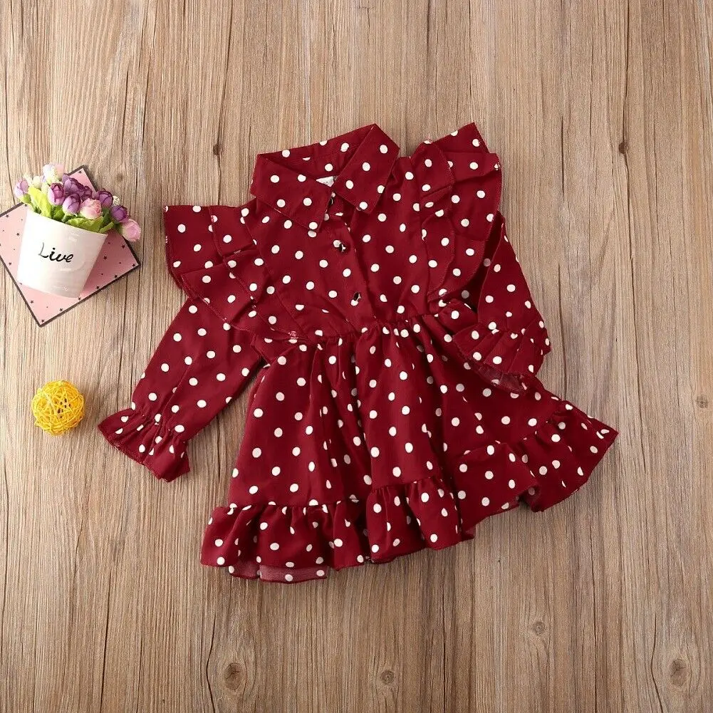 1-7Y Toddler Baby Girls Dress Clothes Princess Long Sleeve Ruffle Swing Dot Print Casual Outfits | Детская одежда и обувь